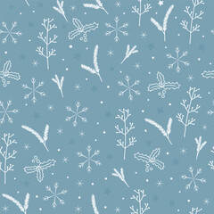 Christmas seamless pattern with snowflakes, holly twigs and fir branches. For fabric, web page background, gift and wrapping paper, greeting cards, scrapbooking album, collages, winter decorations.