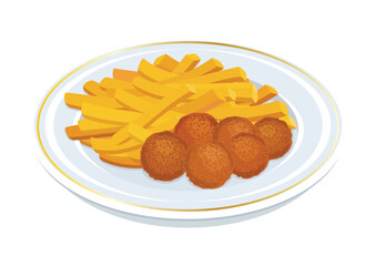 French fries and meatballs on a plate vector illustration. Roasted meatballs and french fries icon vector isolated on a white background