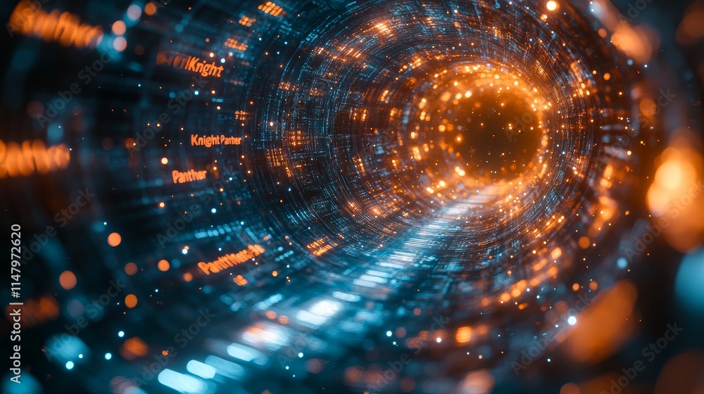 Poster exploration of a futuristic digital tunnel filled with glowing data points and vibrant colors repres