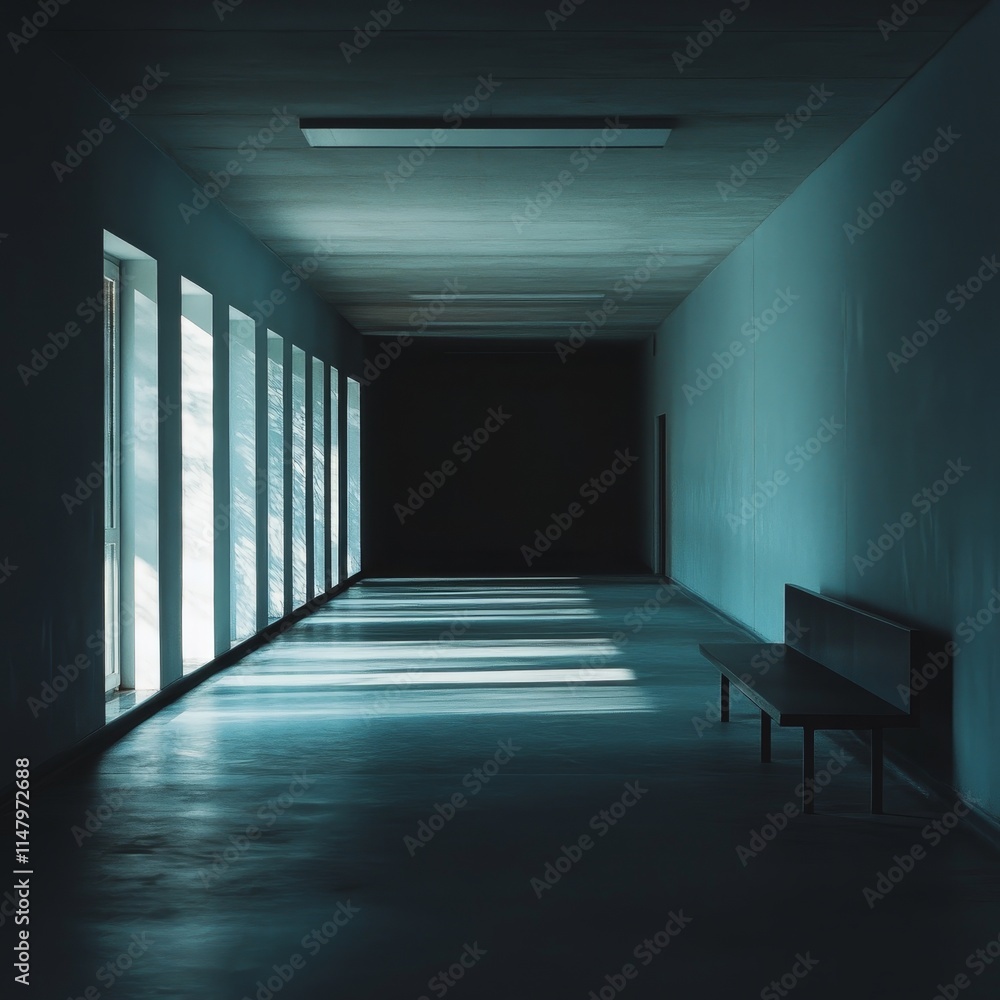 Poster long hallway with shadows and light from windows creating a serene atmosphere in an empty building d