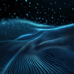 Blue Abstract Wave Pattern With Glowing Dots and Dynamic Lines Creating a Digital Landscape Under a Dark Night Sky