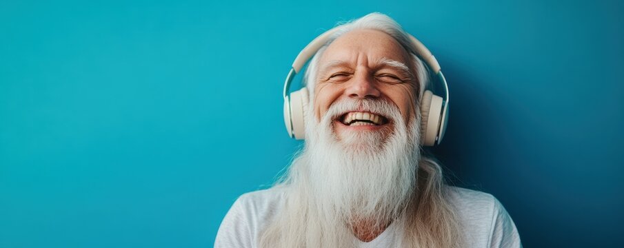 Happy senior man with long white hair wearing headphones against a blue background, smiling joyfully His energetic expression conveys a sense of music and enjoyment in life