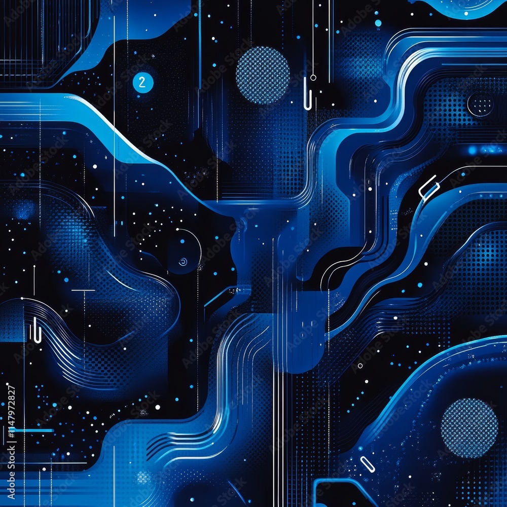 Poster vibrant blue abstract design with flowing lines and geometric shapes on a dark background evoking a 
