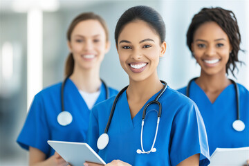 Smiling group of diverse nurses in uniforms, symbolizing teamwork, healthcare, and dedication in the medical field with a friendly and positive atmosphere.