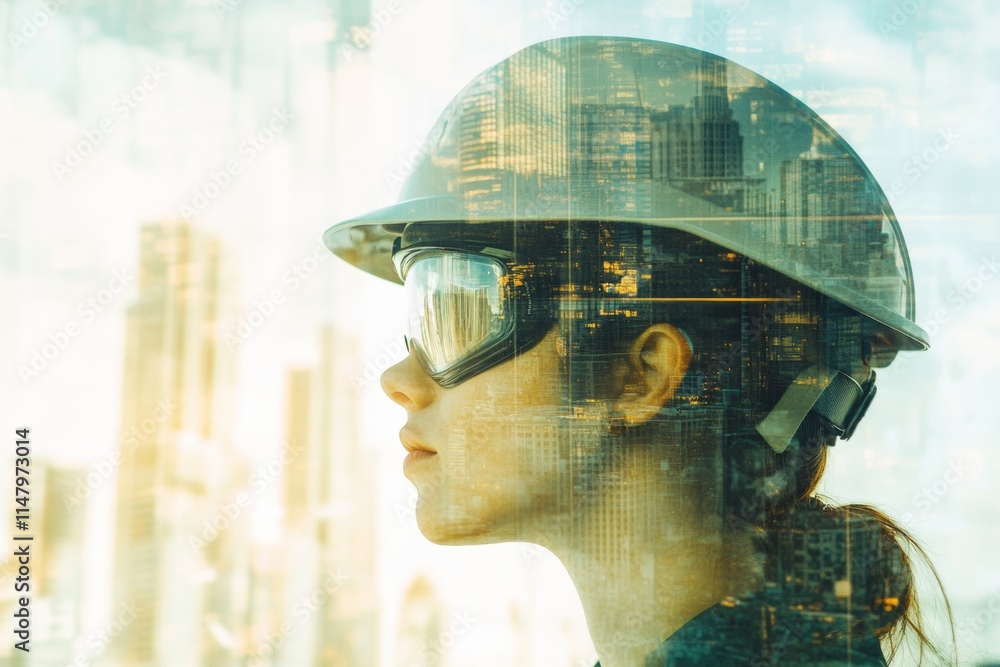 Aufkleber Profile of a construction worker wearing a safety helmet and goggles with an abstract city skyline in the background. Generative AI