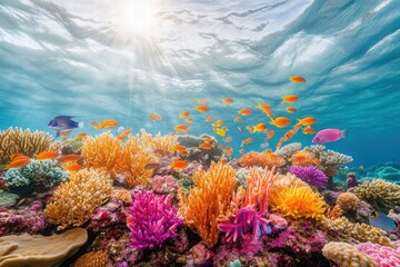 Naklejka premium Vibrant Underwater Scene Showcasing Colorful Coral Reefs and Tropical Fish with Sunlight Filtering Through Crystal Clear Ocean Surface