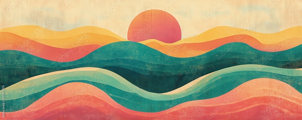 Poster a summer poster design featuring an abstract wave pattern with a retro, grainy gradient background i