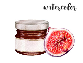 Realistic watercolor painting of fig jam in a small glass jar with a closed lid, set against a white background. Detailed botanical illustration perfect for food, culinary, and home decor designs. PNG