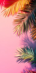 Bright palm leaves create dynamic shadows on a vivid pink and orange backdrop, capturing a tropical and modern aesthetic.
