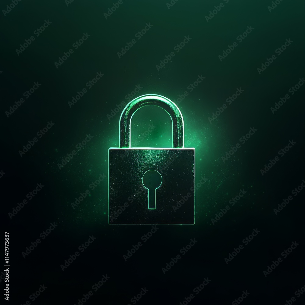 Poster digital lock symbol glowing in green light against a dark background representing security and priva