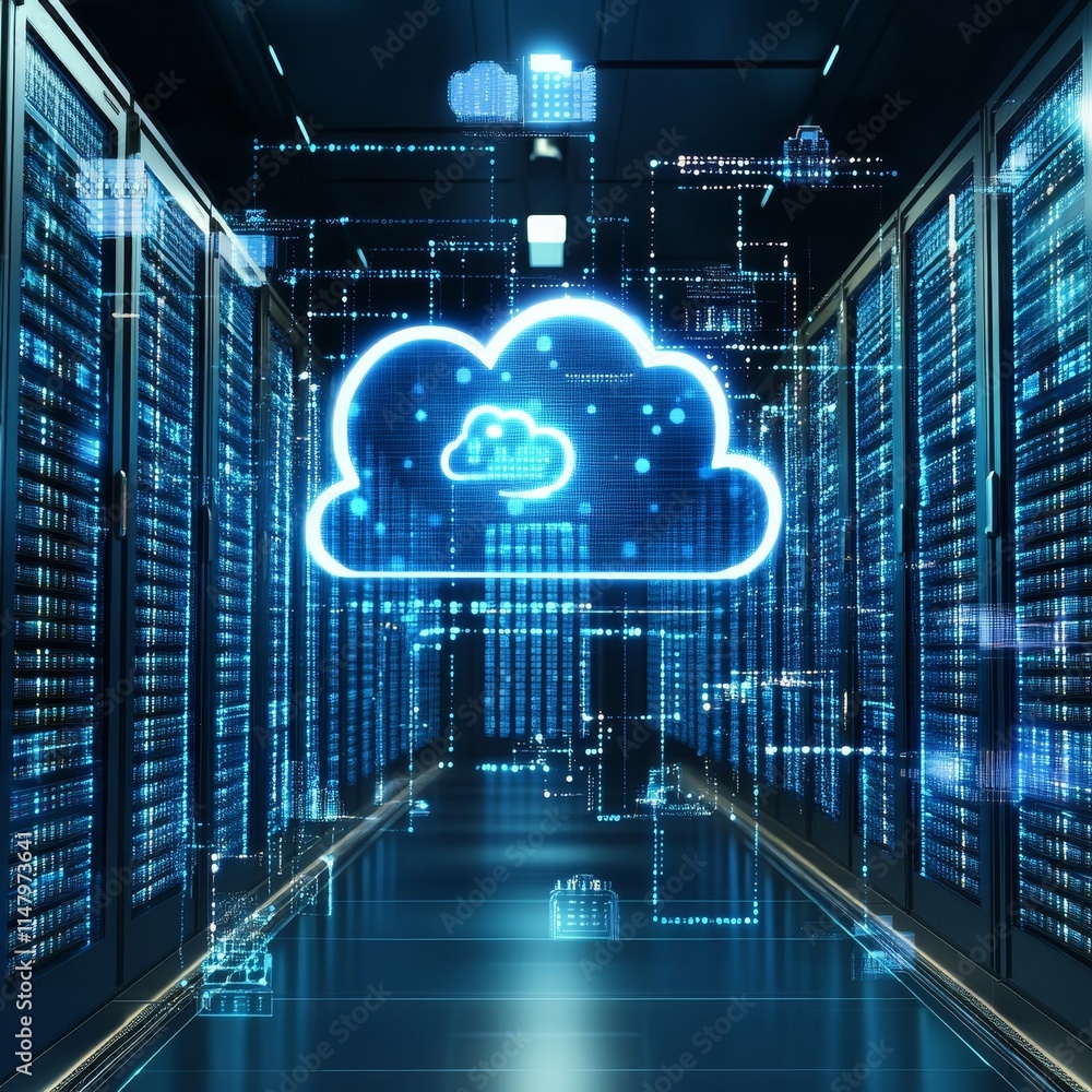 Poster modern data center with cloud technology and digital interfaces in a high-tech environment