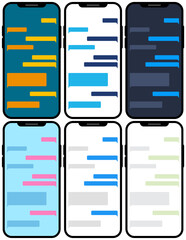 Fototapeta premium Colorful chat message bubbles on smartphones. Modern communication concept with vibrant speech bubbles on phone screens. Vector illustration for technology, communication, and social media themes