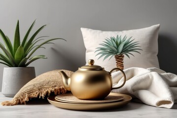 Modern minimal home interior design. Pillows, golden teapot, decorative straw plates, Scandinavian blanket, tropical palm tree, succulent and decorations