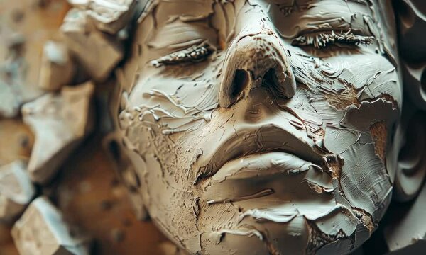 Person's face covered in thick, textured clay or mud, eyes closed, detail-focused image emphasising material's characteristics