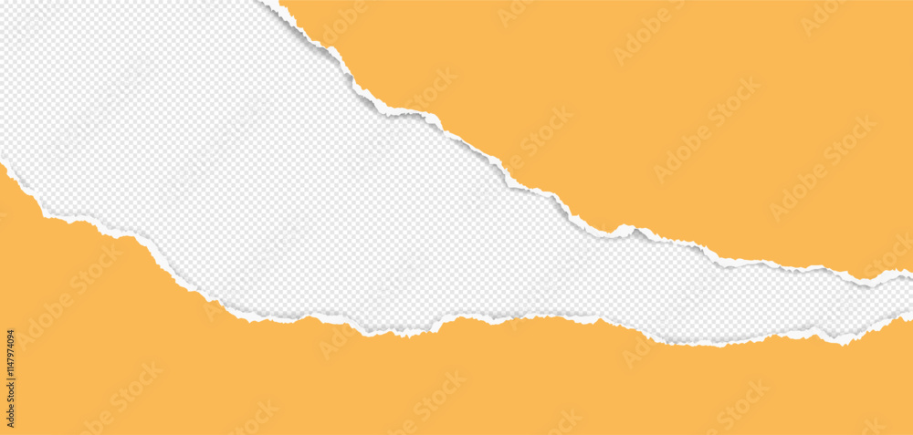 Poster yellow piece of paper with torn edges and soft shadow are on grey background for text or ad.