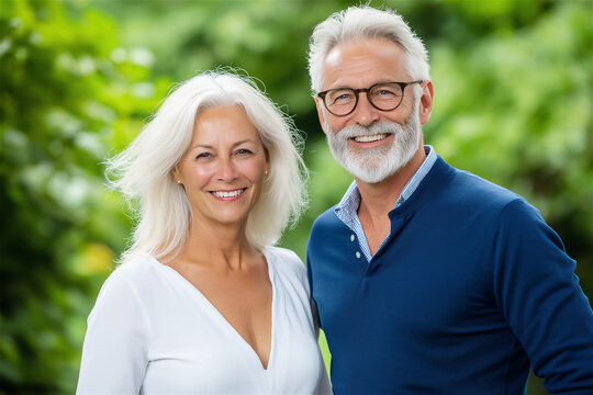 A happy senior couple standing outdoors, smiling warmly in a green park. Their bond and positive energy highlight love and happiness in older age.