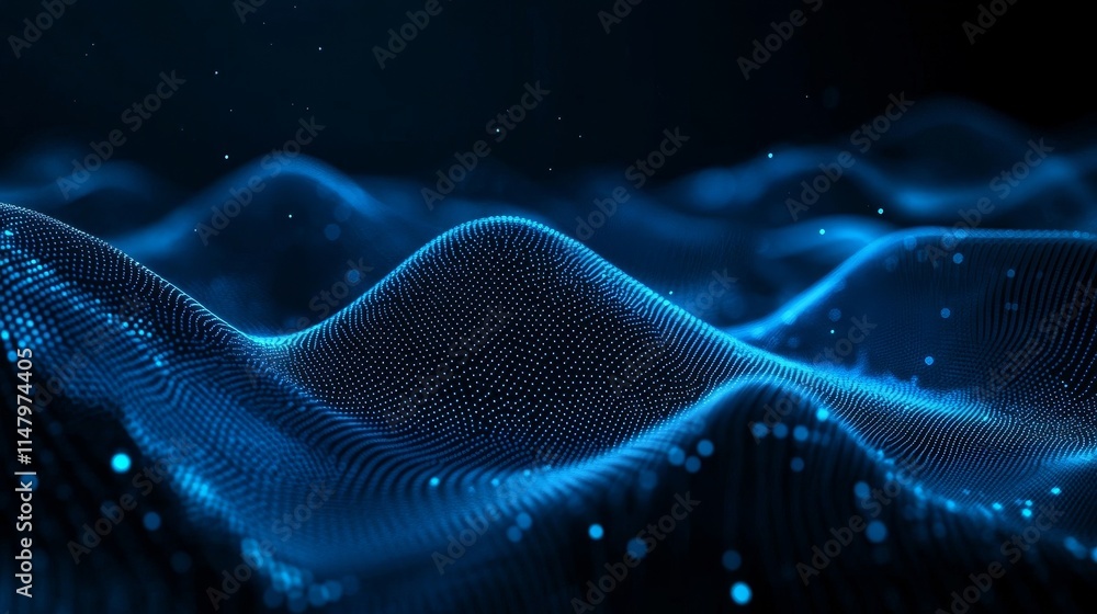 Poster digital wave patterns create an immersive visual experience with glowing particles in a dark environ