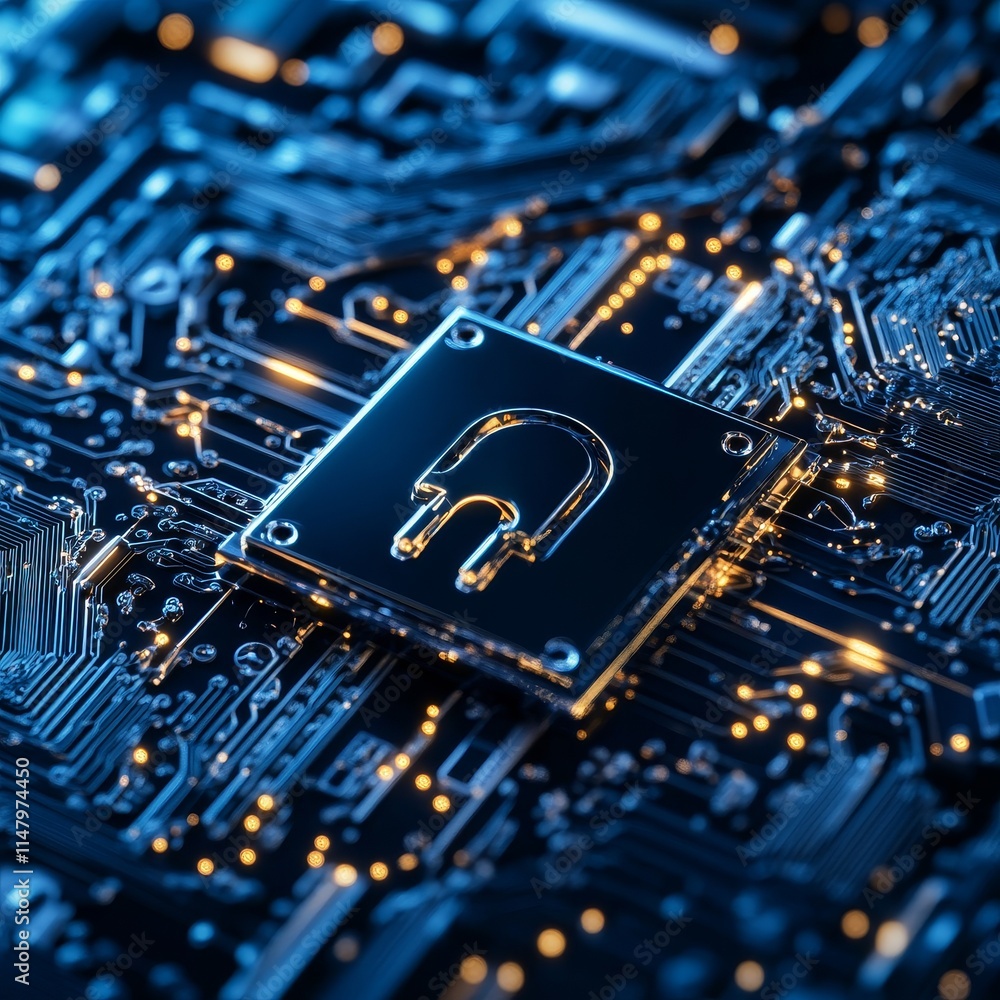 Poster close-up view of a microchip on a circuit board showcasing intricate details illuminated by blue lig