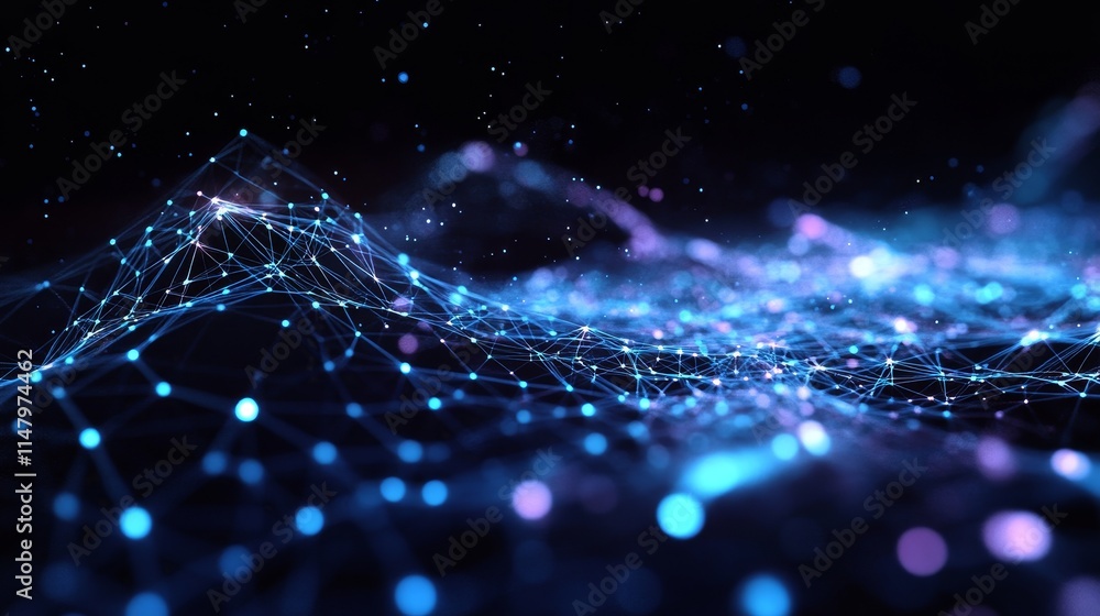 Poster visual representation of digital data network showcasing interconnected nodes and vibrant colors in 