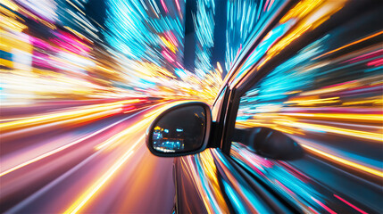Car rearview mirror capturing blurred light trails in motion, creating a vivid sense of speed and vibrant city energy.