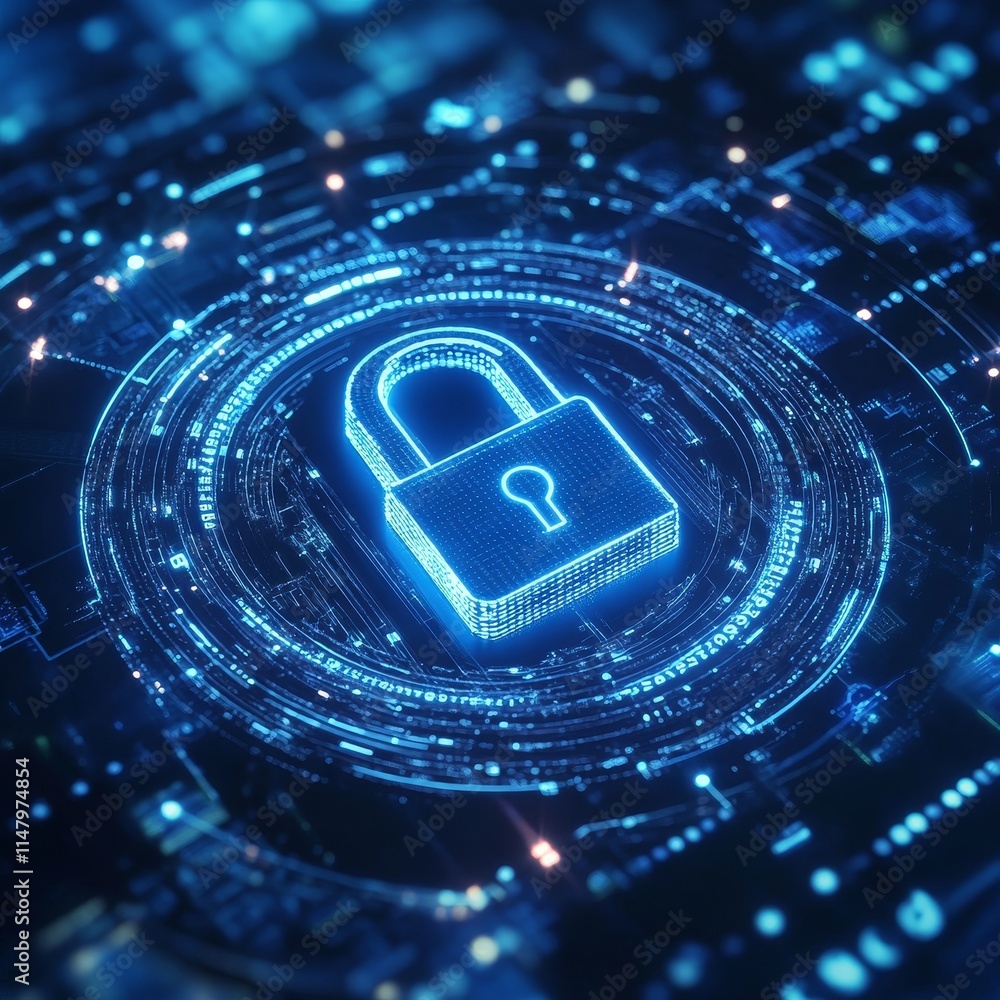 Poster digital padlock symbol surrounded by a glowing network circle representing cyber security and data p