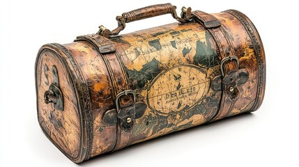 Vintage leather travel case with world map design, brass hardware, and wooden handle.