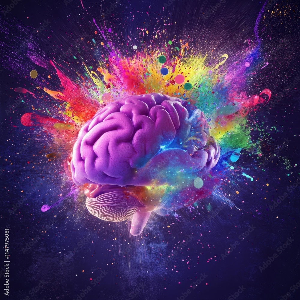Aufkleber vibrant and colorful representation of a brain amidst a burst of paint splashes and cosmic elements 