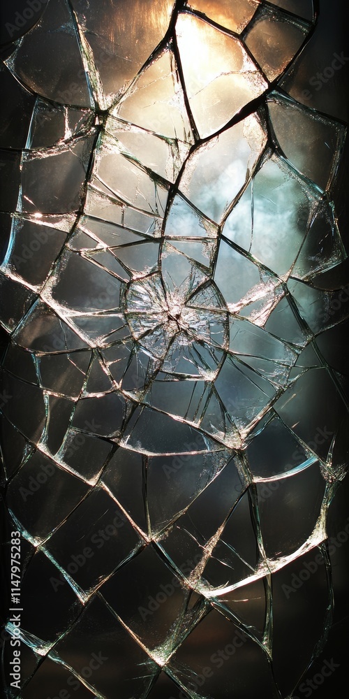 Poster a window with a spider web pattern of broken glass. the glass is shattered and the pattern is very i