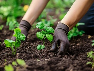 Gardener planting seedlings in vegetable garden patch
