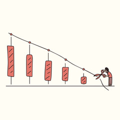 vector illustration of stop loss in stocks market, cut loss trading market, lose out, red graphic with man cutting line with scissor 
