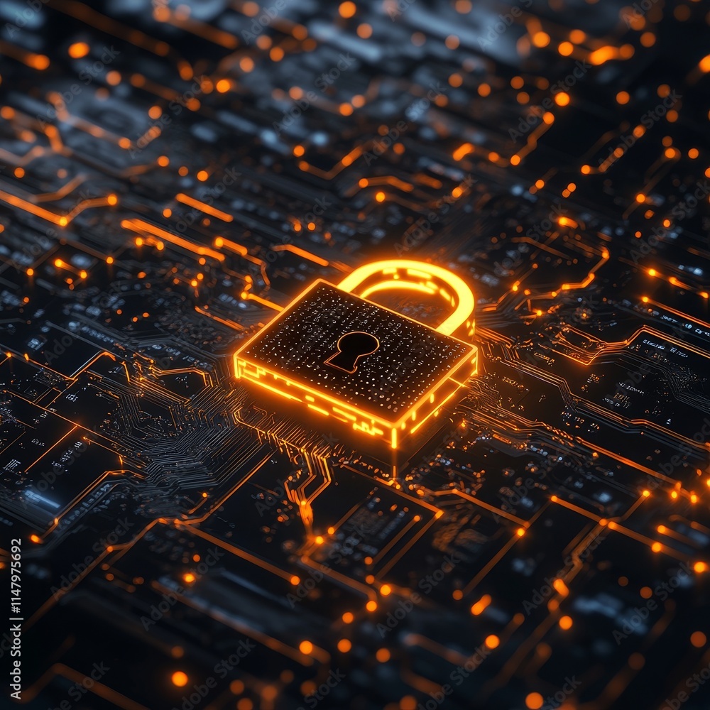 Poster digital lock symbolizing cybersecurity on a circuit board illuminated with orange light at night