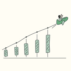 vector illustration of stock investment growth line graphic, investment with person and plane, stocks rockets go the sky, success investment statistic to the sky, riding rocket plane drawing