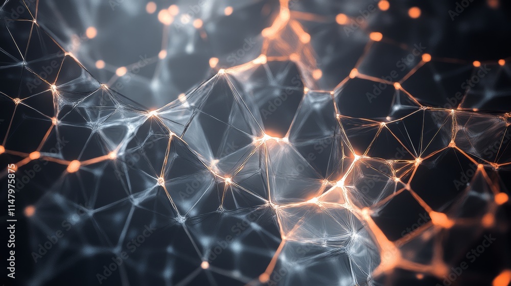 Poster abstract depiction of interconnected nodes with glowing highlights in a dark setting showcasing tech