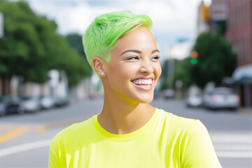 Cheerful young woman with vibrant green hair outdoors on a sunny day. Her bold style and bright smile convey energy and individuality.