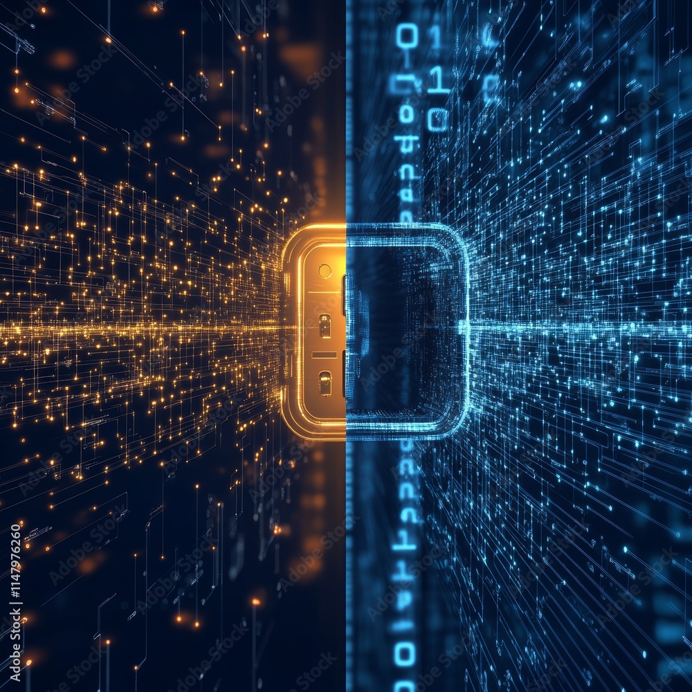 Aufkleber Digital Technology Abstract Representation Showing Data Flow With a Golden End and Blue Binary Numbers in a Split Design Format