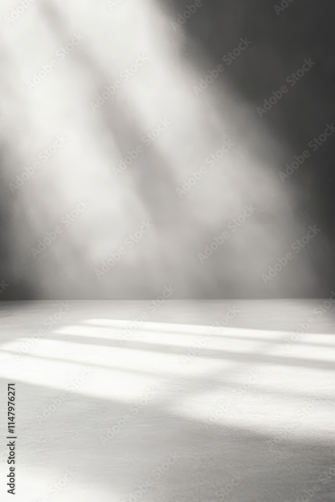 Poster a large empty room with a window and a light shining on the floor. the floor is white and the room i