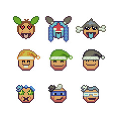 Abstract funny face happy pixel art icon set, cheerful cartoon character. 8-bit flat style. Isolated abstract vector illustration.	