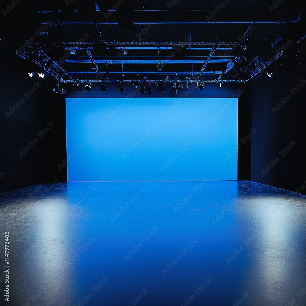 Poster minimalistic stage design with blue lighting and empty performance space in a contemporary studio se
