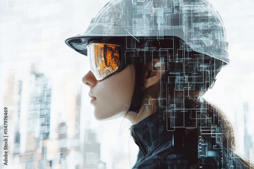 Aufkleber profile of a worker in a safety helmet and goggles with an abstract city backdrop showcasing modern 