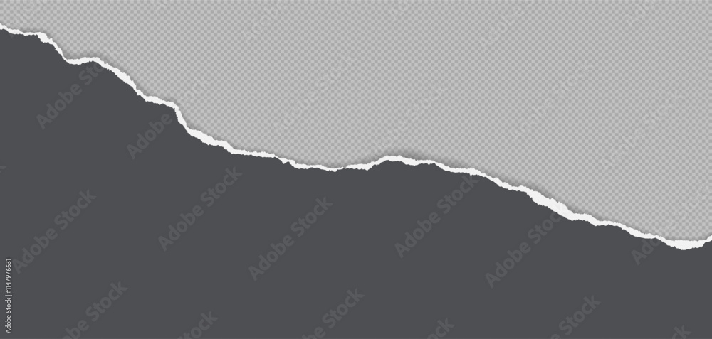 Aufkleber grey piece of paper with torn edges and soft shadow are on grey background for text or ad.