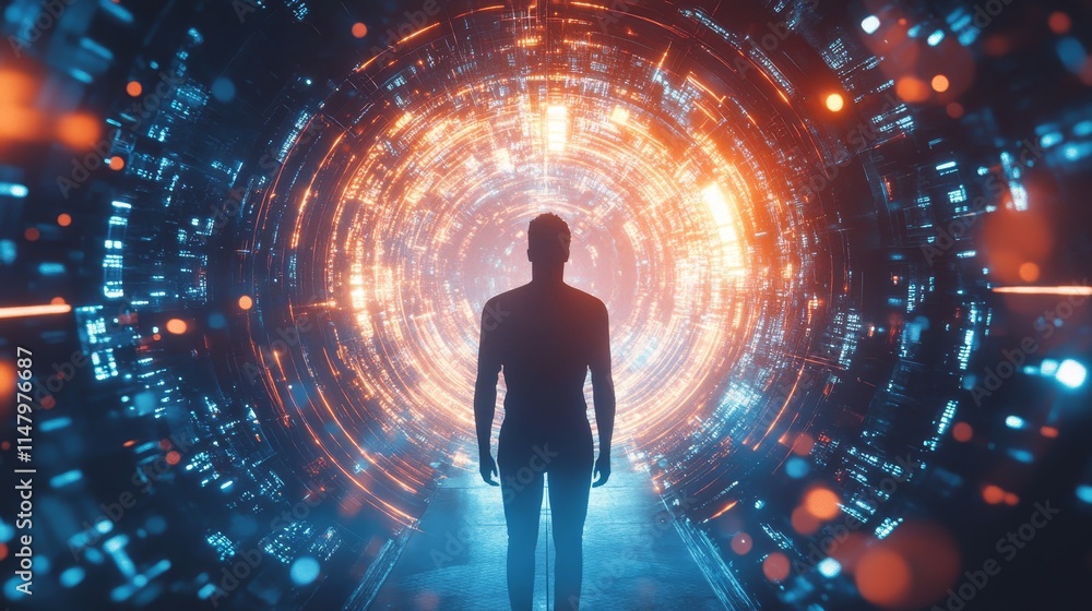 Poster person standing at the threshold of a glowing portal, surrounded by dynamic light patterns in a futu