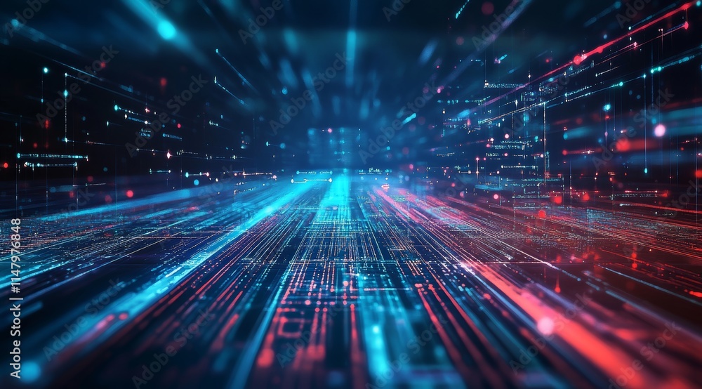 Poster dynamic visualization of digital data streaming through a futuristic interface with vibrant blue and