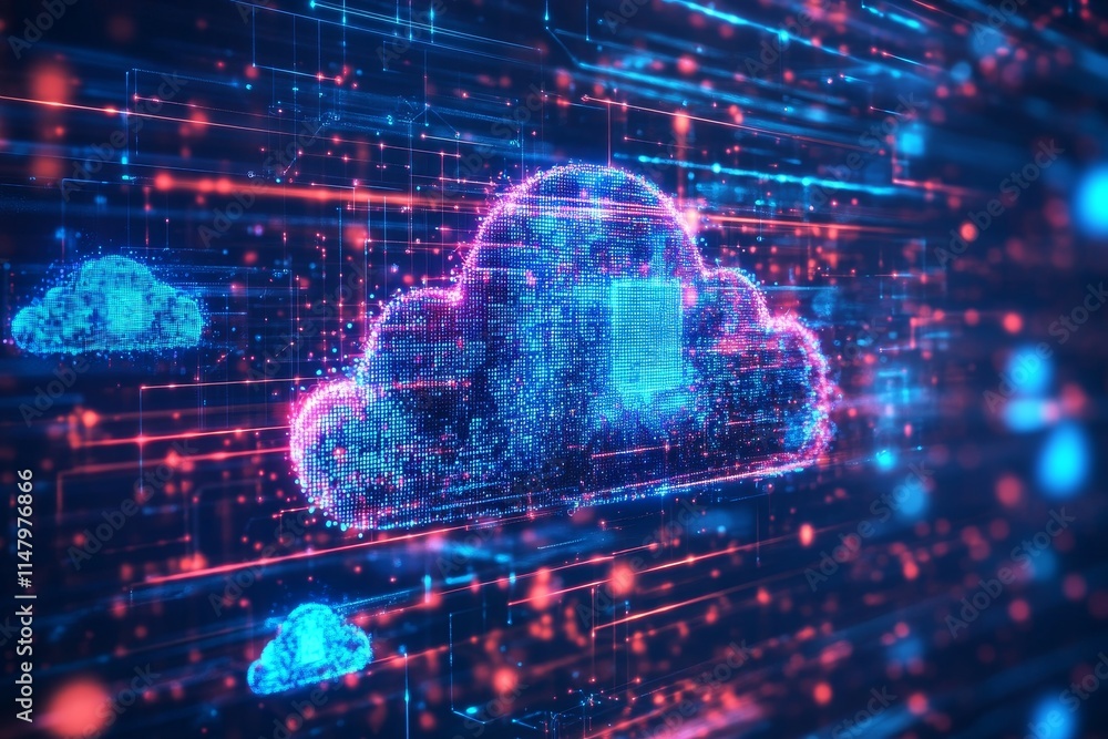 Poster cloud technology visualization with digital elements in a futuristic style displaying data movement 