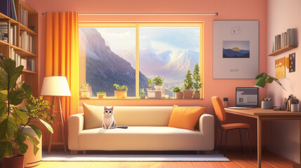 Cat in the cozy living room of the house with lofi style anime art