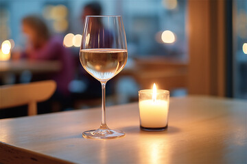 A single wine glass on a restaurant table with a glowing candle in the background, creating a serene and inviting atmosphere for fine dining and relaxation.