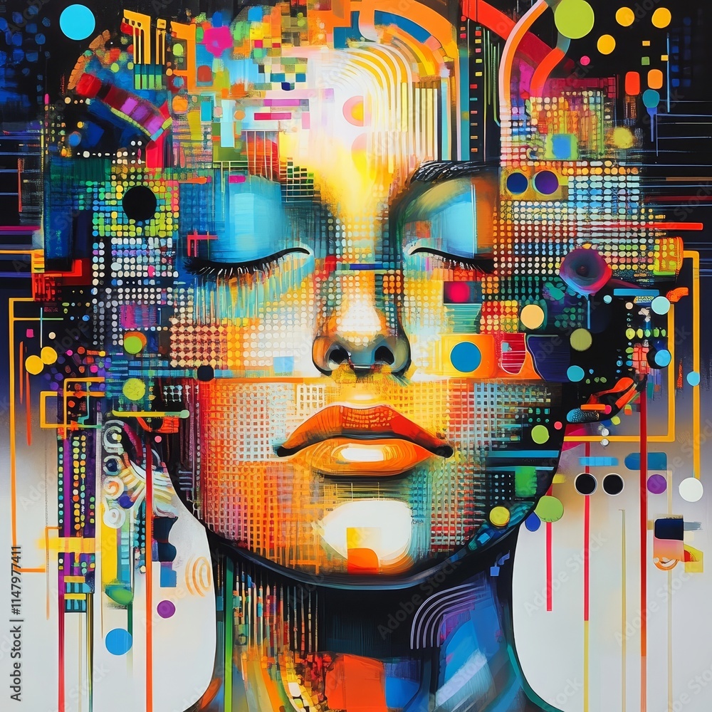 Poster vibrant abstract portrait illustrating the intersection of technology and humanity with dynamic colo