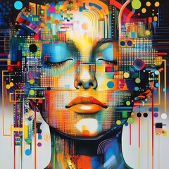 Vibrant Abstract Portrait Illustrating the Intersection of Technology and Humanity With Dynamic Colors and Shapes Presenting a Serene Expression
