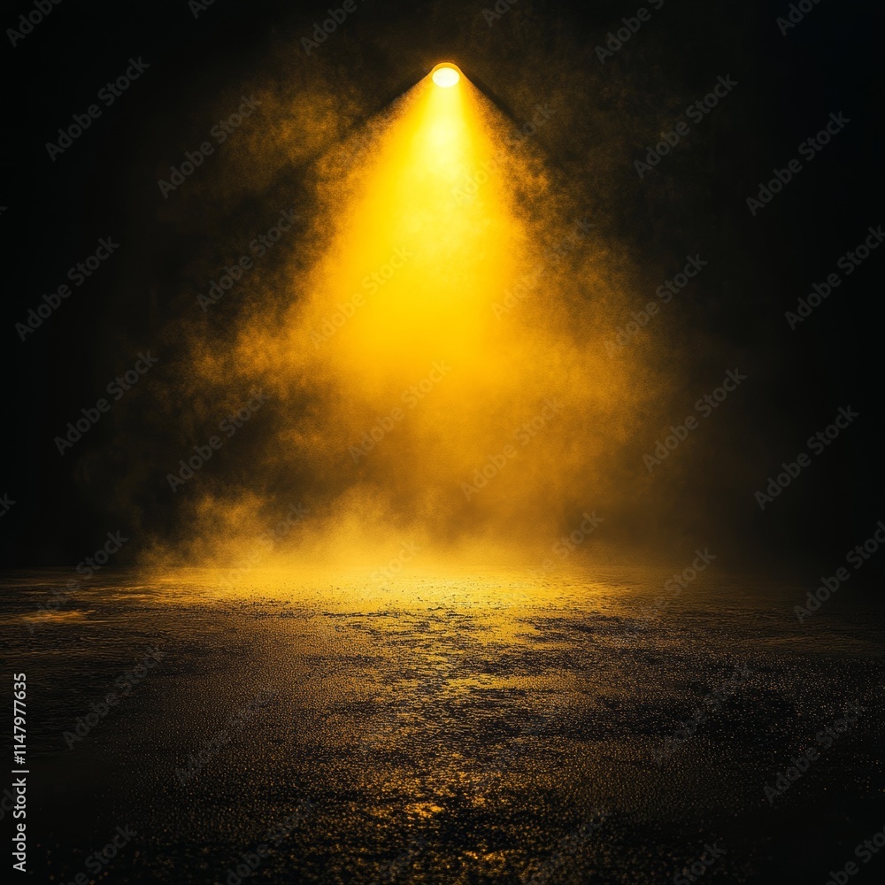 Poster bright yellow spotlight illuminates misty ground in a darkened space, creating a dramatic atmosphere