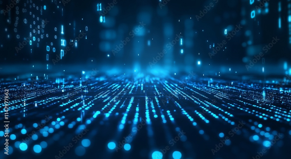 Poster dynamic blue digital landscape filled with glowing binary codes representing data flow in a futurist
