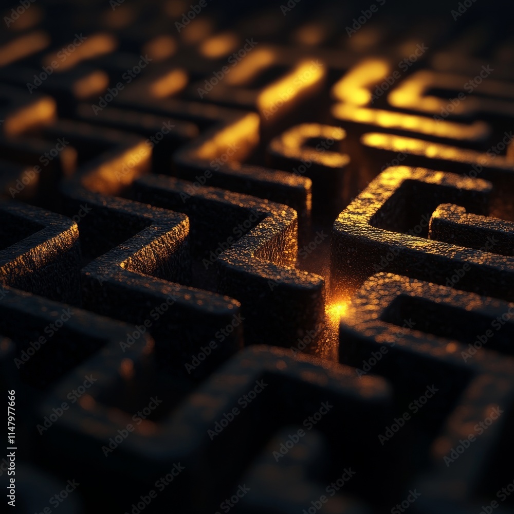 Poster a detailed maze with a glowing path, illuminated by warm light, creating a mysterious and intriguing